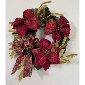 Festive Red Poinsettia & Gold Leaf Holiday Wreath